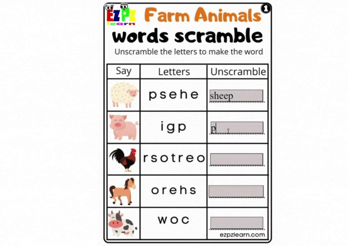 Farm Animals Word Scramble Worksheet for Kindergarten or ESL Students